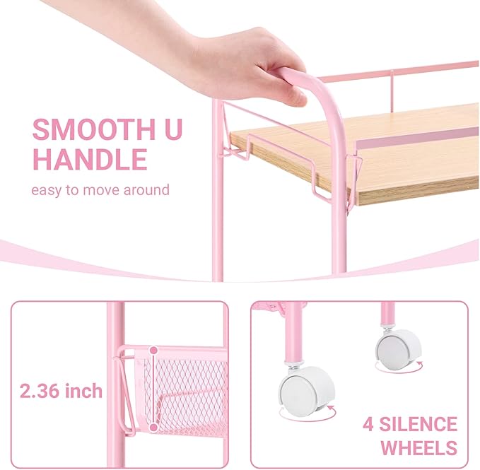 KINGRACK 4-Tier Metal Rolling Utility Cart, Pink, Flexible, Sturdy, Easy Assembly, Anti-Rust, Waterproof, Scratch-Resistant, Breathable Mesh Basket, Ideal for Home Storage