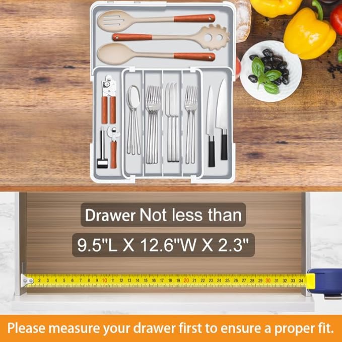 Homecor Kitchen Drawer Organizer, Expandable Silverware Drawer Organizer, Adjustable Utensil Organizer Tray, Cutlery Organizer for Forks, Knives, Kitchen Organizers and Storage, Grey-NeatNest