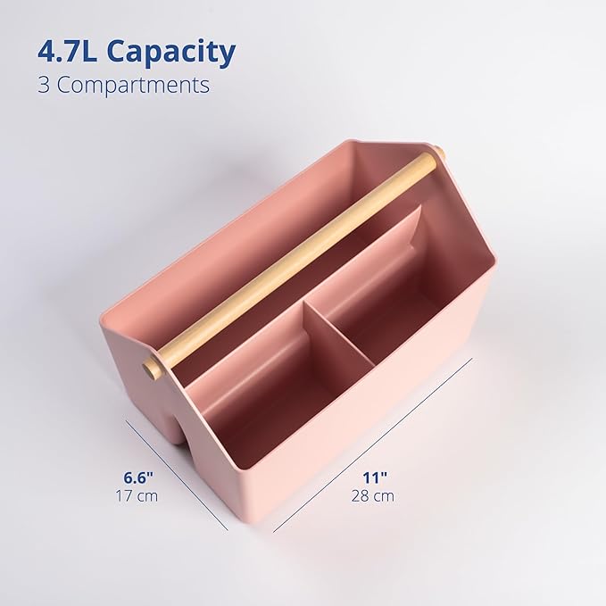 BLUE GINKGO Medium Storage Basket – Plastic Caddy with Wooden Handle for Office, Arts & Crafts, or Home Supplies (Pink)-NeatNest
