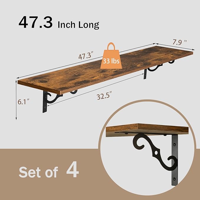 DINZI LVJ Long Wall Shelves, 47.3 Inch Large Floating Shelves Set of 4, Wide Display Shelf Wall Mounted with Brackets, Easy Hanging for Living Room, Toilet, Office, Bedroom, Rustic Brown-NeatNest
