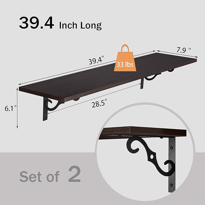 DINZI LVJ Long Wall Shelves, 39.4 Inch Large Floating Shelves Set of 2, Wide Display Shelf Wall Mounted with Brackets, Easy Hanging for Living Room, Toilet, Office, Bedroom, Espresso-NeatNest