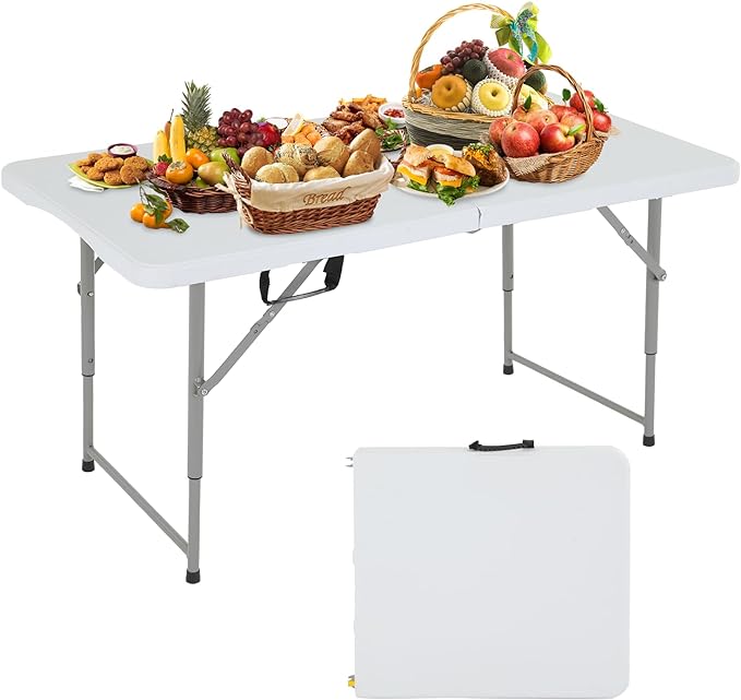 BomYees 4FT Folding Table Plastic Camping Table Portable Picnic Table for Easy Storage, Ideal for Outdoors Camping, Picnics, Parties Wedding & Indoor Events with Carrying Handle,White…-NeatNest