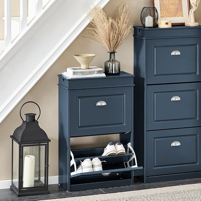 SoBuy Slim Shoe Cabinet, Shoe Rack with Doors, Shoe Storage Cupboard Organizer Unit for Entryway 2 Flip-Drawers, Hallway and Bedroom Navy FSR78-B (9.4" D x 21.3" W x 32.7" H)-NeatNest