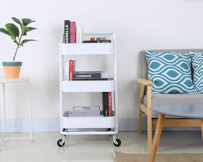 3-Tier Metal Mesh Rolling Cart Storage Organizer with Utility Handle and Wheels, White-NeatNest