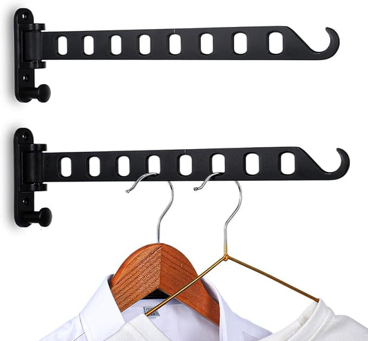2 Pack Swing Arm Clothes Hanger Rack Wall Mount, Laundry Room Drying Rack with Swing Arm, 8 Holes and 180°Rotation, Swing Away Hanger Rack, Sturdy Hanging, Solid Aluminum (Black)-NeatNest