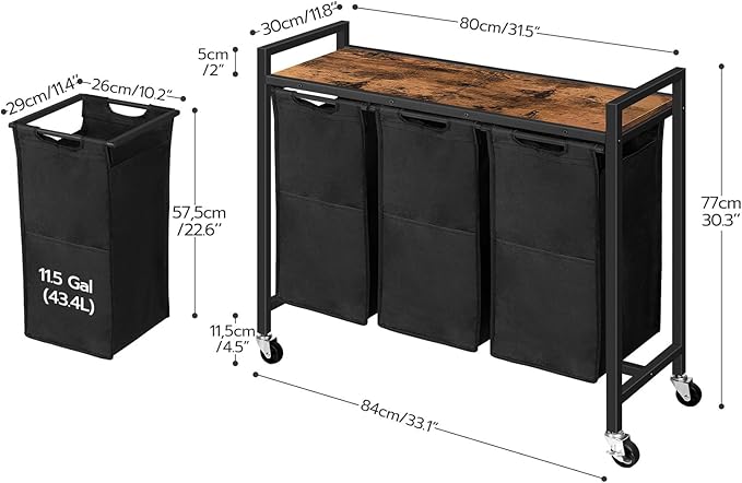 HOOBRO Laundry Sorter 3 Section, Laundry Hamper with Wheels, 3 × 11.5 Gal (43.5 L), Rolling Laundry Basket, Pull-Out and Removable Oxford Fabric Laundry Bags, Rustic Brown and Black BF76XY01-NeatNest