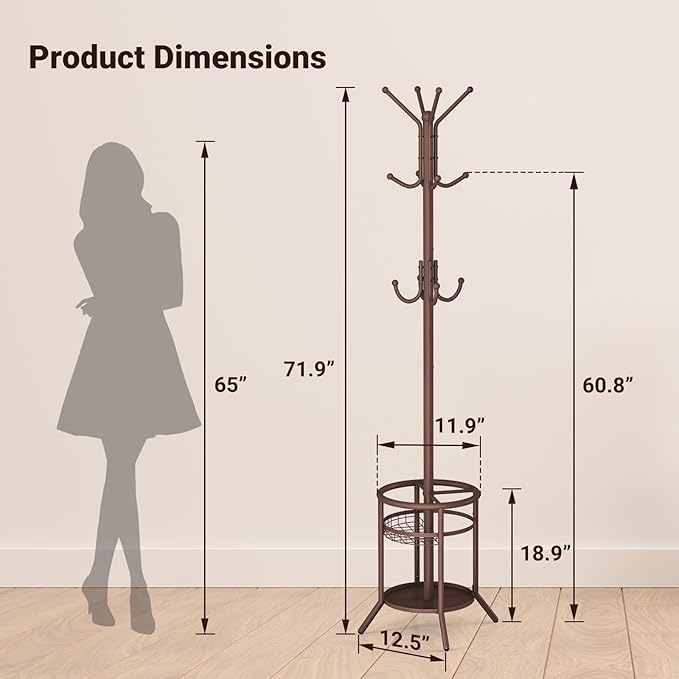 ELYKEN Coat Rack Freestanding, Metal Coat Rack Stand with Umbrella Holder, Modern Coat Tree with 12 Hooks, Floor Standing Corner Hall Tree for Entryway Living Room Bedroom Office, Brown-NeatNest