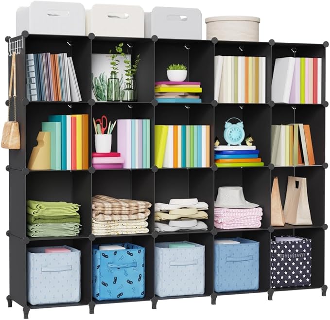 HOMIDEC 20-Cube Black Storage Organizer, Modular Shelf With Hammer, Storage Bin Cabinet Closet Bookshelf for Living Room, Bedroom, Office, Each Cube Size 11.8 x 11.8 Inch-NeatNest