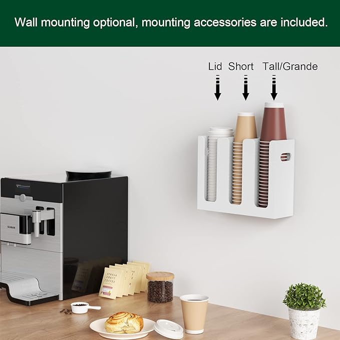 Disposable Coffee Cup Dispenser with Handles, Countertop or Wall Mount Hot/Cold Drink Cup and Lid Holder - Bathroom/Kitchen/Office Acrylic Cup Lid Storage Organizer (3 Compartments, White)-NeatNest