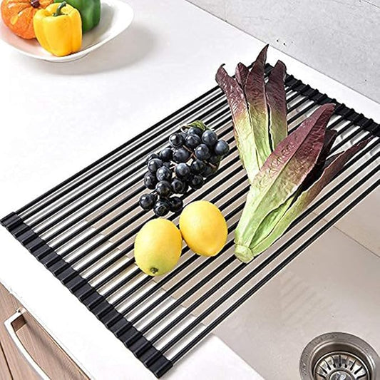 Ahyuan Large Roll up Dish Drying Rack Foldable Dish Rack Over Sink Dish Drainer Roll-up Sink Drying Rack Full Silicone Coated Stainless Still Dish Drying Rack (Matte Black, 20.5''X13.13'')