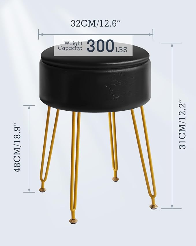 IBUYKE Faux Leather Round Footrest Stool with Storage Ottoman, Makeup Vanity Chair Side Table, PU Dressing Table Seat, Removable Cover, Golden Steel Legs, Black WBD024B