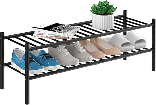 2-Tier Bamboo Long Shoe Rack, Free Standing Wood Shoe Shelf Storage Organizer for Closet Entryway Stackable 35"x11"x13" (Black)-NeatNest