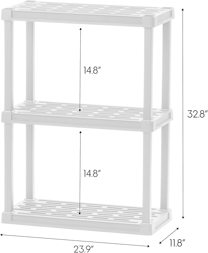 IRIS USA 3-Shelf Light Duty Plastic Storage Shelves, 150lb Capacity, 33" H x 24" W x 12" D, Medium Modular Shelving Unit Storage Organizer for Bathroom, Laundry, Garage & Home, Storage Rack - White
