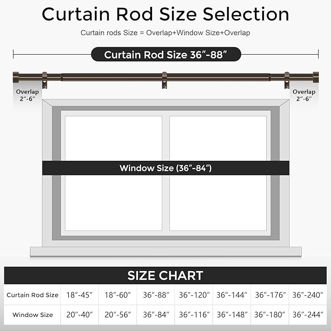 2 Pack Curtain Rods for Windows 48 to 84 Inch(4-7 Feet),Bronze 1'' Diameter Drapery Rods with End Cap Style Design,Modern Adjustable Heavy Duty Curtain Rod,Size:36''-88''