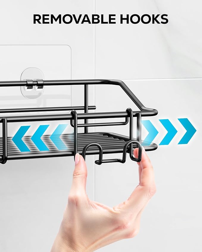 Nieifi Shower Caddy Shelf with Hooks Storage Rack Organizer Adhesive Stainless Steel Without Drilling for Bathroom, Lavatory, Washroom, Restroom, Shower, Toilet, Kitchen - 2 Pack (Black)-NeatNest