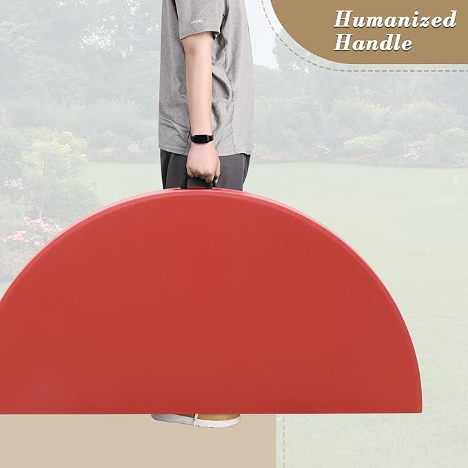 Athena Collection 5 ft Plastic Folding Dining Table, Large Foldable Round Card Table Portable with Carry Handle Heavy Duty Fold-in-Half for Indoor Outdoor Party Camping, Red-NeatNest