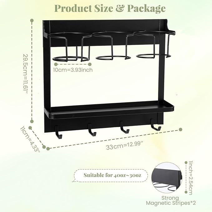 CINPIUK Water Bottle Organizer Holder, Magnetic Mug Hook Storage for Stanley & Large Tumbler, Space Saving Wall Mount Self-Adhesive Mug Organizer with 4 Hook, Easy to Install, Black-NeatNest