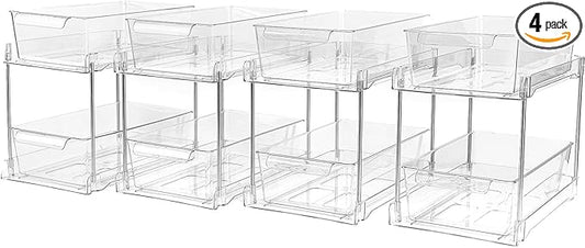 4Pack 2-Tier Bathroom Storage Organizer, Clear Under Sink Organizers Kitchen Vanity Counter Storage Container, Medicine Cabinet Drawers Bins, Pull-Out Organization with Track for Pantry-NeatNest