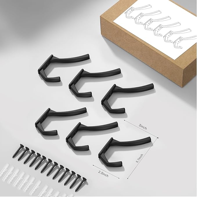 Heavy Duty Wall Hooks, 5.7 Inch Large Coat Hooks, 6 Packs Towel Hooks for Hanging in Bathroom, Bedroom, Entryway, Kitchen, etc (Black, 6 Pack)