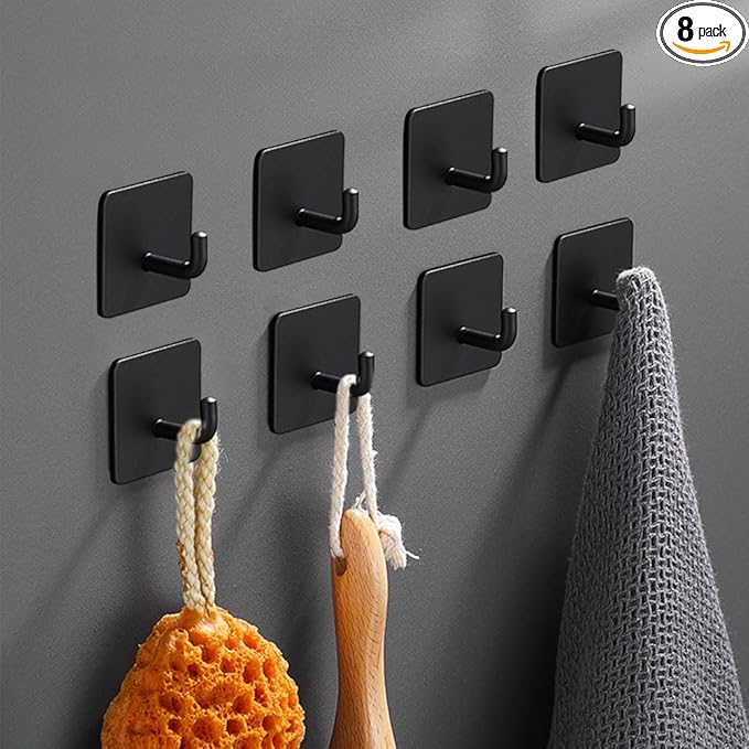 Adhesive Hooks for Hanging, Self-Adhesive Wall Hook for Key Hat Coat, No Drill Stick on Bathroom Towel Hooks, Shower Kitchen Door Home Outdoor 8 Pack, Black