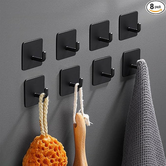 Adhesive Hooks for Hanging, Self-Adhesive Wall Hook for Key Hat Coat, No Drill Stick on Bathroom Towel Hooks, Shower Kitchen Door Home Outdoor 8 Pack, Black