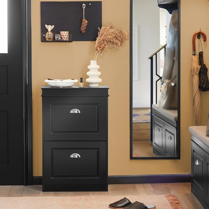 Haotian Small Shoe Cabinet, Black 2 Flip Drawers Freestanding Shoe Rack, Shoe Storage Cupboard Organizer (9.45" D x 20.87" W x 32.28" H), FSR78-SCH-NeatNest
