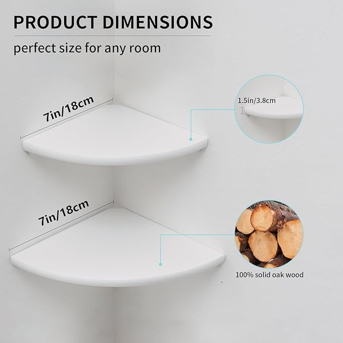 Corner Shelf, White Floating Corner Shelf, Set of 2 7inch Solid Oak Wood Corner Wall Shelves, Round End Wall Mount Display Shelf with Wire Hole for Small Plant for Bedroom Kitchen, Living Room-NeatNest