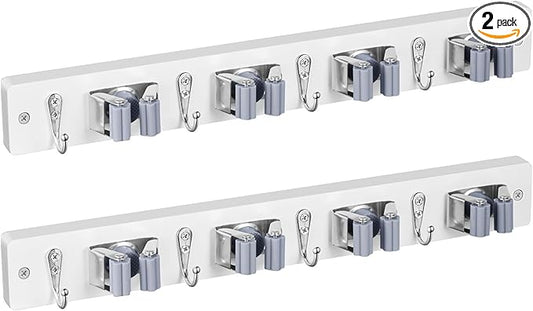 2 Pack Mop Broom Holder Wall Mount - White Wood Broom Mop Hanger - Wall Mounted Garden Tool Rack Organizer for Closet Garage Laundry Room, 4 Slots & 4 Hooks-NeatNest