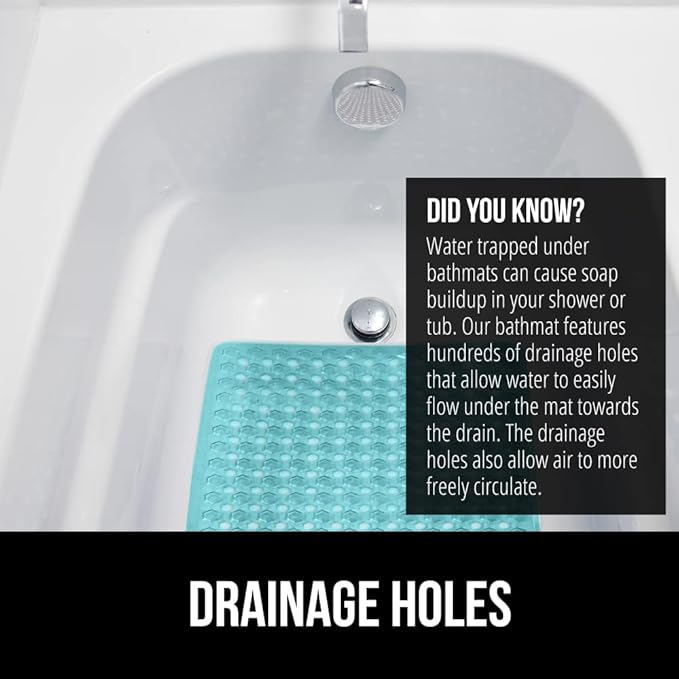 GORILLA GRIP Patented Bath Tub Shower Mat, Machine Washable Bathtub Floor Liner Mats, Suction Cups and Drain Holes to Keep Tubs Clean, Soft on Feet, Bathroom Essentials, 35x16 Inch, Clear Turquoise-NeatNest
