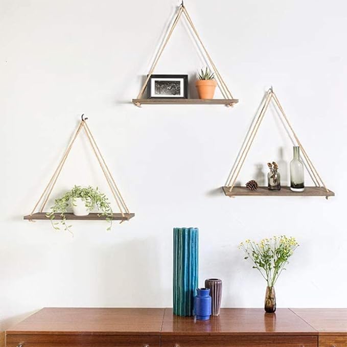 Hanging Shelves for Wall Wooden Floating Shelves Plant Shelf Macrame Rope Triangle Shelf, Natural Reclaimed Wood, Farmhouse Rustic Modern Aesthetic, Boho Dorm Living Room Bedroom Decor-Beige-NeatNest