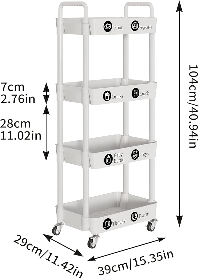 Laiensia 4-Tier Storage Cart,Multifunction Utility Rolling Cart Kitchen Storage Organizer,Mobile Shelving Unit Cart with Lockable Wheels for Bathroom,Laundry,Living Room,With Classified Stickers,White-NeatNest
