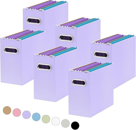 Oterri File Organizer, 6 Packs Small Storage Box, Cardboard File Folder Organizer, Collapsible File Box for Hanging File Folders Letter Size, Portable Filing Organizer with Handle (Purple)