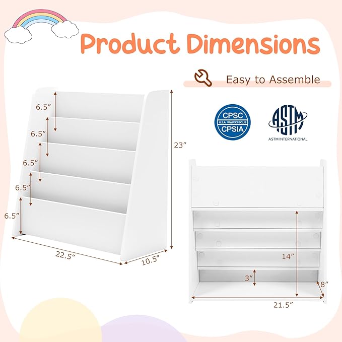 Costzon 4-Tier Kids Bookshelf, Front Facing Children Bookcase with Deep Compartments, Magazine Storage Rack for Kids Bedroom, Playroom, Nursery, Classroom, Kindergarten (White)-NeatNest