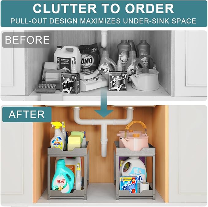 2 Packs Under Sink Organizers, 2 Tier Bathroom Organizers and Storage, Pull Out Cabinet Organizer Shelf, Metal Sliding Drawer for Kitchen Pantry Cabinet Closet Organization Rack (Black, 2 Pack)