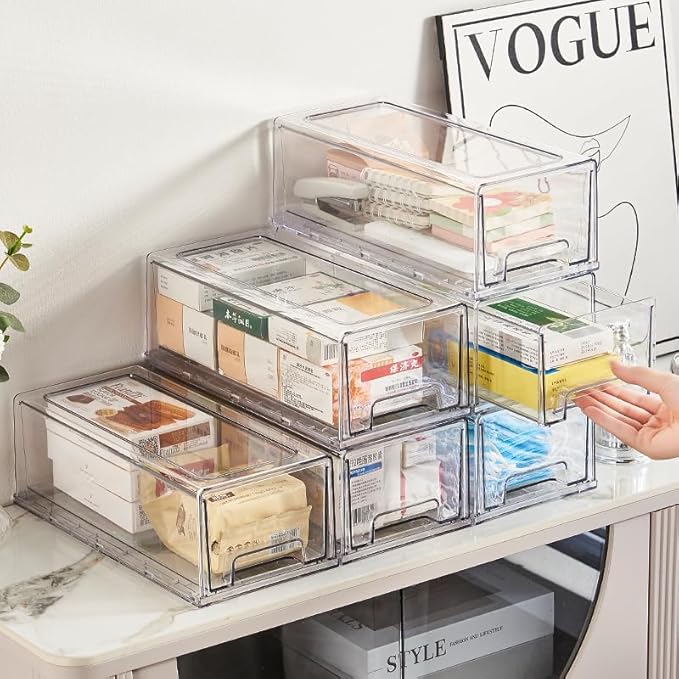 clear Drawer-Type Plastic Storage Box Bins Organizer，Family First Aid Kits Medicine cabinet Box Organizer,Closet ，Shelf，Ointments, Adhesive Bandages，Cosmetics,Office Items (clear, 2M)-NeatNest