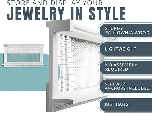 Comfify Rustic Jewelry Organizer - Wall Mounted Jewelry Holder w/Removable Bracelet Rod, Shelf & 16 Hooks - Perfect Earrings, Necklaces & Bracelets Holder - Pure White-NeatNest