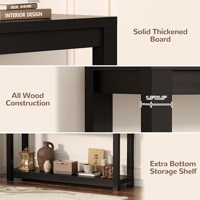 47" Farmhouse Wood Entryway Table Narrow Console Table with Storage Behind Couch Sofa Table with Shelves for Entry Way with Open Storage, Easy Assembly, Embossed Wood Grain Black-NeatNest