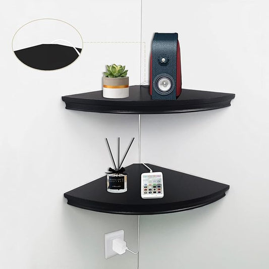 HAO Floating Corner Shelf Invisible Wall Mounted Shelves Radial Shape Cable Wire Hole Pattern Perfect for Bedroom Bathroom Living Room Kitchen Set of 2 Black-NeatNest