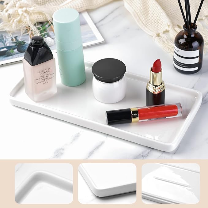 Gurygo 8" Bathroom Trays - Ceramic Vanity Tray for Bathroom - Small Ceramic Tray - Kitchen Soap Trays - Porcelain Dispenser Organizer for Kitchen Bathtub Counter (White)-NeatNest