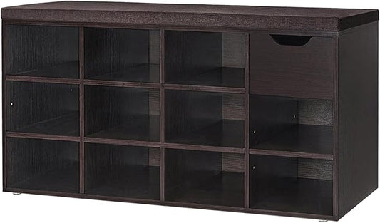 DINZI LVJ Shoe Bench, Entryway Storage Bench with Drawer and 11 Cubbies, Cubby Shoe Rack with Adjustable Shelves, Shoe Organizer Cabinet for Living Room, Bedroom, Mudroom, Closet and Garage, Espresso-NeatNest