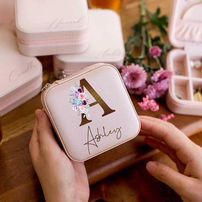 DayOfShe Personalized Bridesmaid Gifts-Travel Jewelry Box for Bachelorette Party Gifts-Leather Initial Floral Jewelry Organizer for Maid of Honor Gift for Bridesmaids-NeatNest