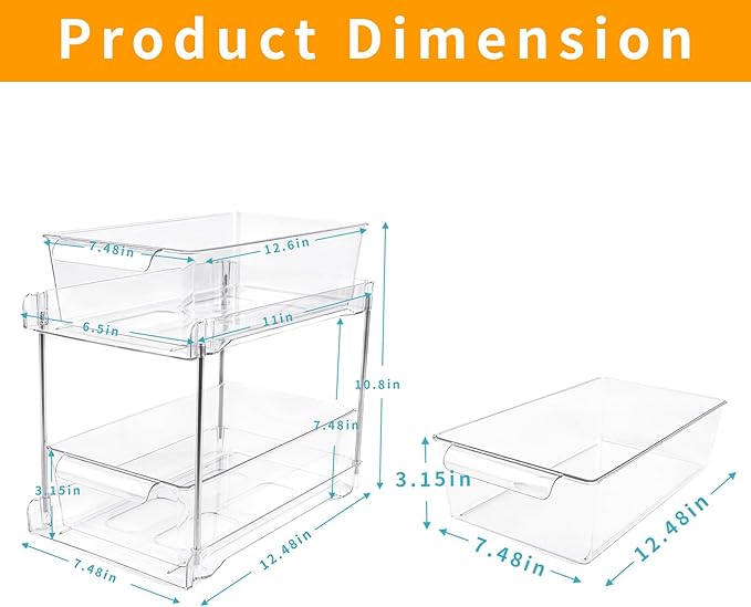 1Pack 2-Tier Bathroom Storage Organizer, Clear Under Sink Organizers Kitchen Vanity Counter Storage Container, Medicine Cabinet Drawers Bins, Pull-Out Organization with Track for Pantry-NeatNest