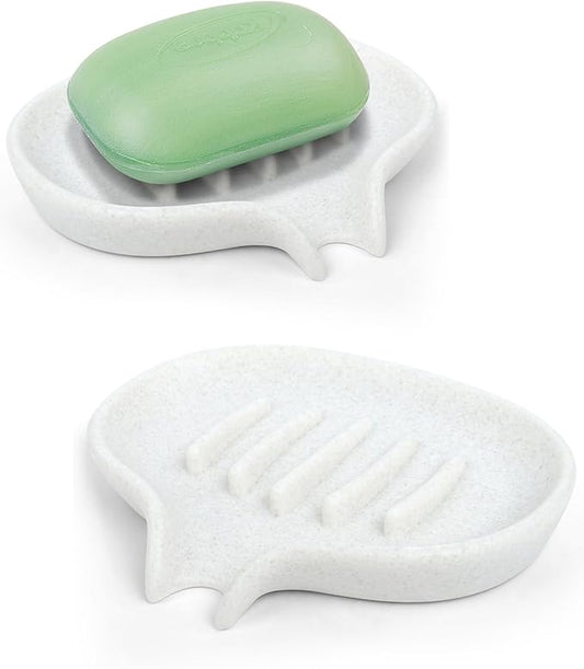 2 Pcs Soap Dish with Drain- Self Draining Bar Soap Holder for Shower, Marble Look Soap Savers Soap Tray Sponge Holder for Kitchen, Bathroom, Bathtub Sink, Crystal White-NeatNest