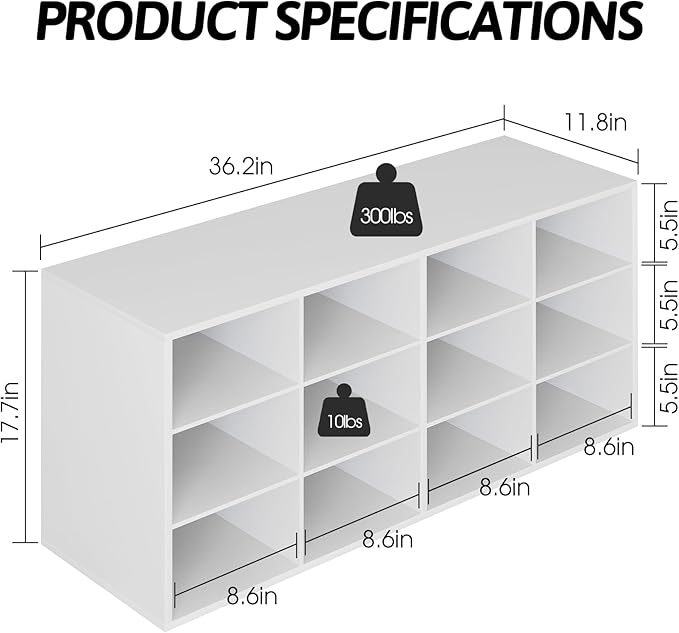Garden 4 you Shoe Storage Bench, Cubby Shoe Rack with 12 Cubbies, 3-Tier Wood Shoe Rack Organizer, Shoe Organizer Cabinet for Entryway, Hallway, Closet and Garage, White-NeatNest