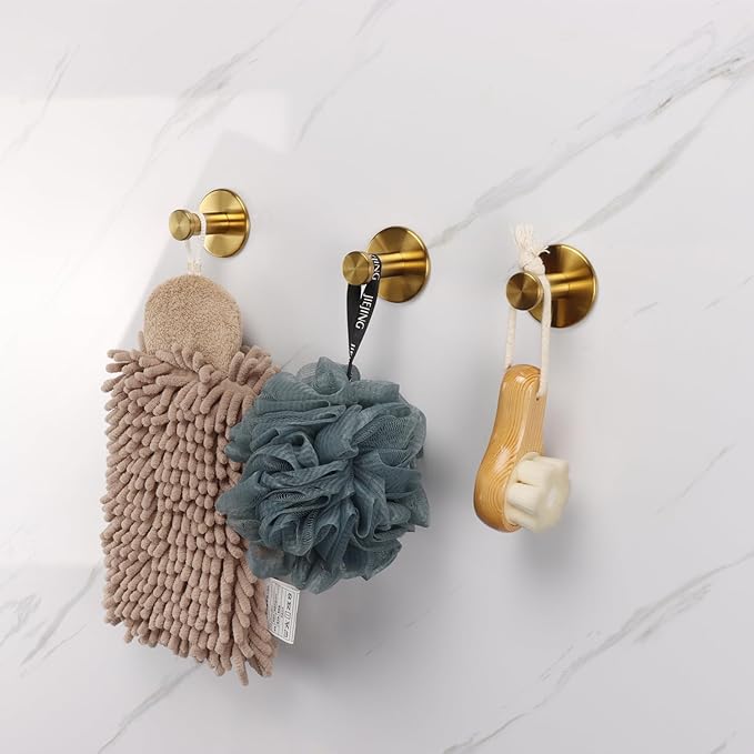 Bath Towel Hooks, 4 Pack Self Adhesive Coat Hooks, Sturdy No Drilling Robe Hook, SUS 304 Stainless Steel Heavy Duty Clothes Hanger, Wall Hooks for Bathroom Bedroom Kitchen (2 in, ‎Gold)
