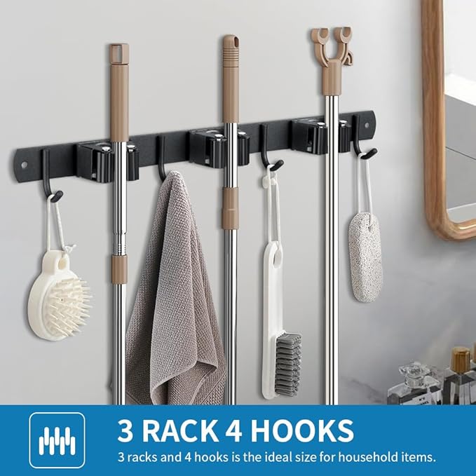 2 Pack Broom Hanger and Mop Holder, Heavy Duty Garden Tool Organizer Rack Rake and Shovel Handle, Stainless Steel Wall Mounted Utility Rack with Screws (5 Racks with 4 Hooks, Matte Black).-NeatNest