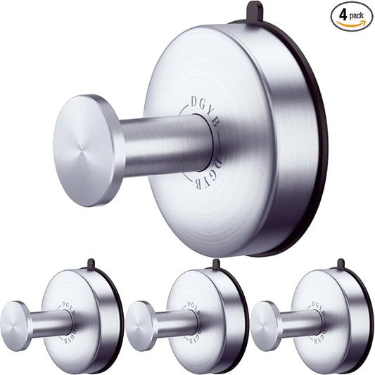 DGYB Suction Cup Hooks Set of 4 Brushed Nickel Towel Hooks for Bathrooms Waterproof Stainless Shower Hooks for Inside Shower 15 Lb Bathroom Hooks for Towels-NeatNest