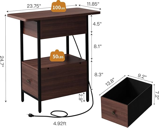 SOOWERY End Table with Charging Station, Narrow Side Table with Flip Top Cabinet and Fabric Drawer, Nightstand Bedside Tables for Small Spaces, Bedroom, Living Room, Dark Cherry