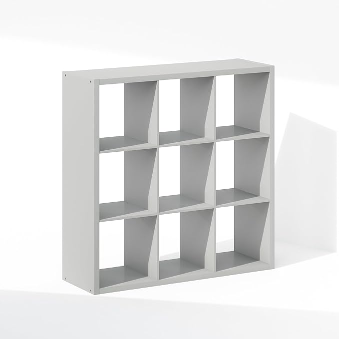 Furinno Cubic Open Back Multipurpose Clothing & Closet Storage Organizer Shelf, 9-Cube, Light Grey
