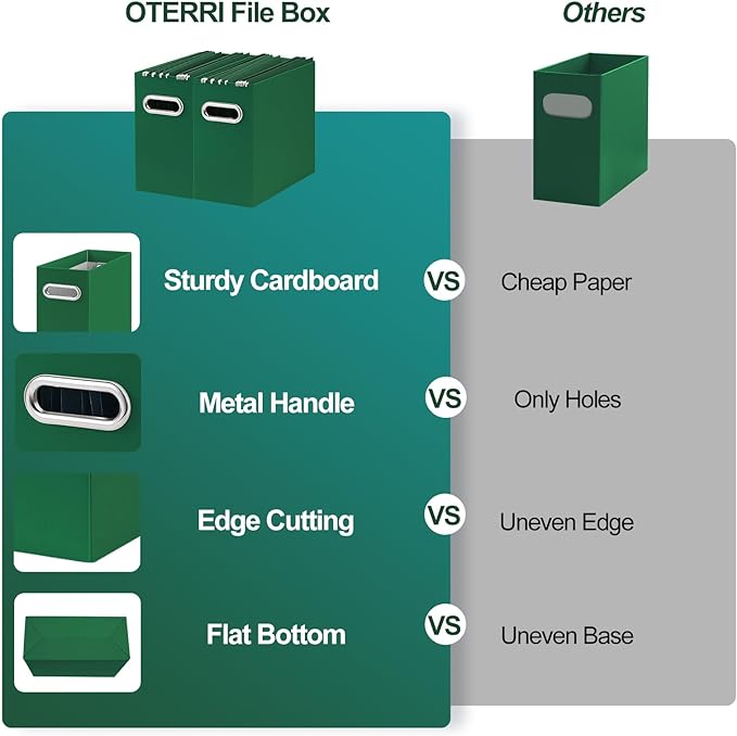 Oterri File Organizer, 4 Packs Small Storage Box, Cardboard File Folder Organizer, Collapsible File Box for Hanging File Folders Letter Size, Portable Filing Organizer with Handle (Dark Green)